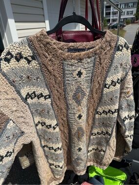 Northern Isles, Patterned Crewneck Sweater. Hand knitted. Cotton